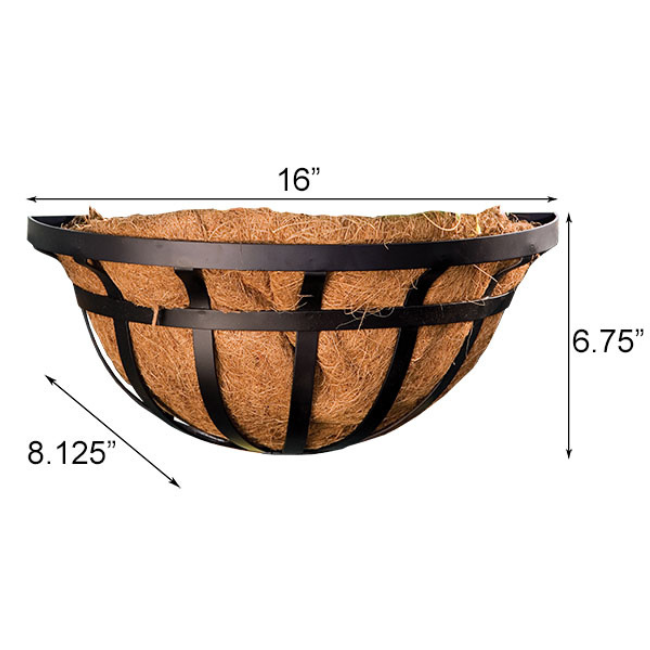 Side view of a 16-inch ironwork deck railing planter with measurements showing 6.75" height and 8.125" depth, featuring a coco liner insert.