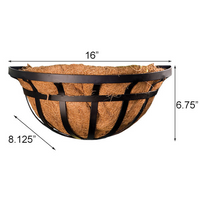 Side view of a 16-inch ironwork deck railing planter with measurements showing 6.75" height and 8.125" depth, featuring a coco liner insert.