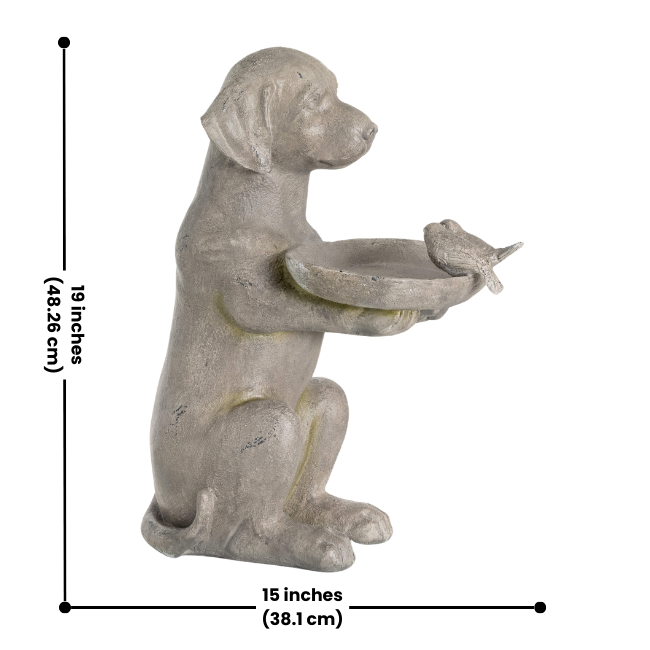 15 inches long and 19 inches high, Labrador Retriever Bird Feeder, ideal for outdoor use.