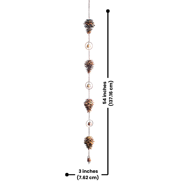 A complete copper pine cone wind chime hanging with multiple pine cones and small bells, creating a peaceful sound. 