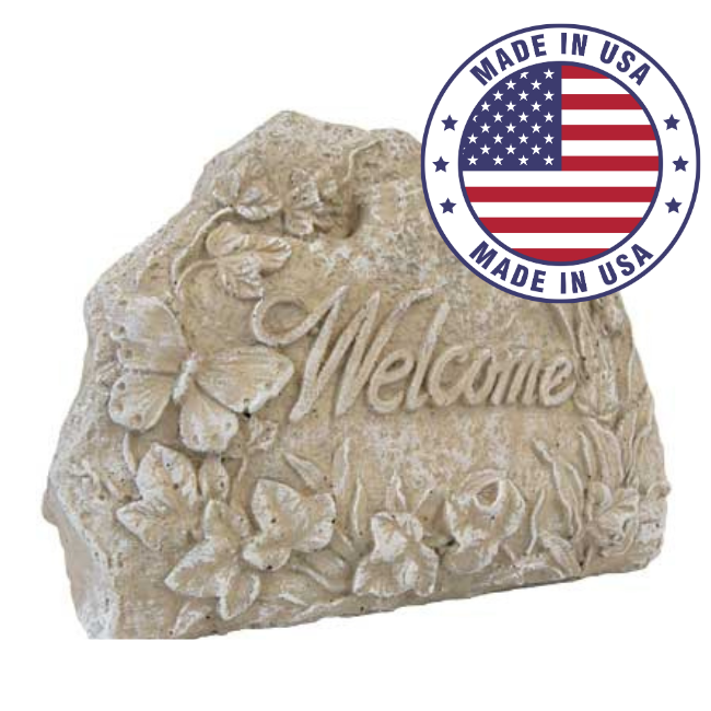 Yard Pathway Welcome Stone with "Welcome" engraving, butterfly, and floral design, stamped with "Made in USA" badge.