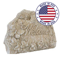 Yard Pathway Welcome Stone with "Welcome" engraving, butterfly, and floral design, stamped with "Made in USA" badge.