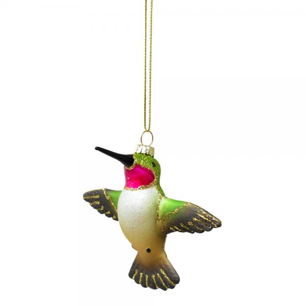 Decorative glass hummingbird ornament on a white background