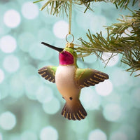 Decorative hummingbird ornament hanging on a Christmas tree branch with a blurred green background.