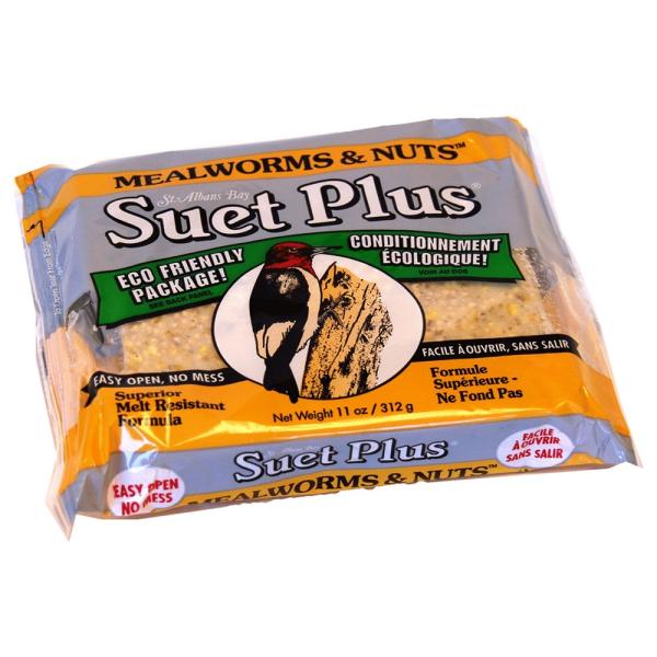 Package of Suet Plus with mealworms and nuts on a white background