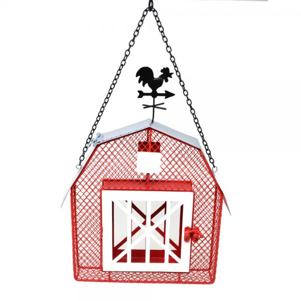 Red metal bird feeder with a rooster on a white background