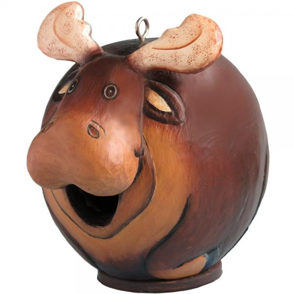 Decorative birdhouse shaped like a moose on a white background