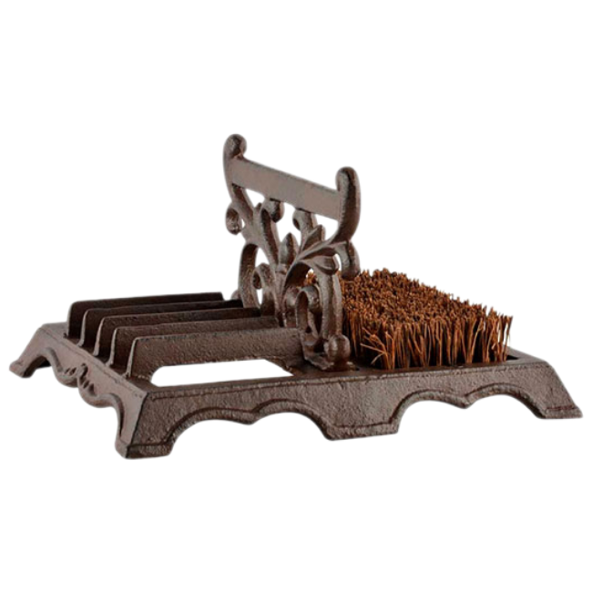 Decorative design and functionality of the MudGuard Cast Iron Boot Brush with scroll detailing and sturdy bristles for shoe cleaning.