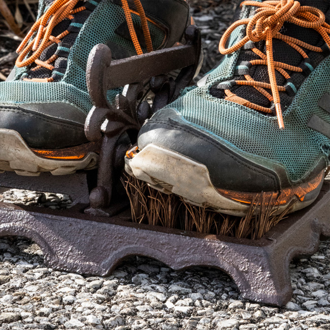 The MudGuard Cast Iron Boot Brush in use with a shoe being scrubbed on the slats, showing its dual-sided function.