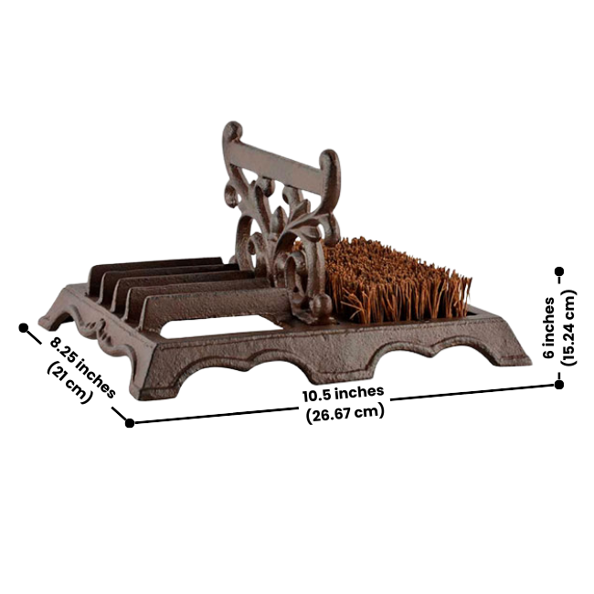 Dimensions of the MudGuard Cast Iron Boot Brush showing length, width, and height for easy placement.