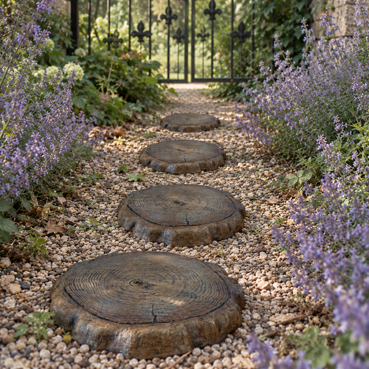 natural log stepping stones leading to a path with lavender flowers on each side