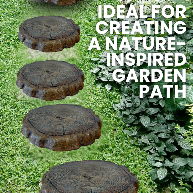 Log stepping stones arranged in a pathway with a grass and foliage background, showcasing their rustic appearance and natural wood texture.