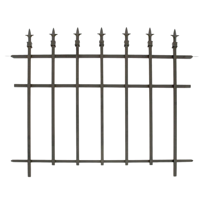 A garden fence with finial-topped bars installed along a garden, providing an elegant and unobtrusive boundary.