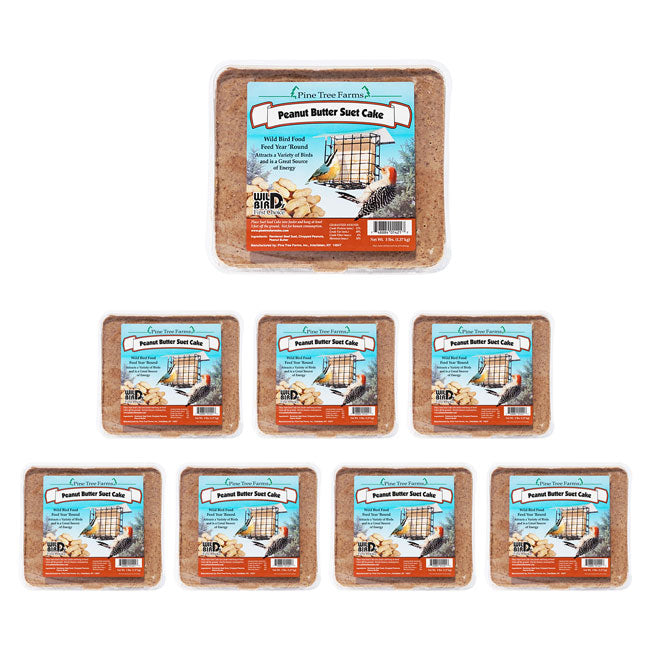 Eight packs of "Pine Tree Farms Peanut Butter Suet Cake" for wild birds, featuring colorful labels with images of birds and peanuts.