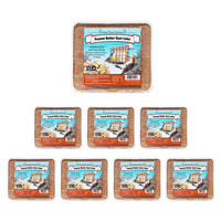 Eight packs of "Pine Tree Farms Peanut Butter Suet Cake" for wild birds, featuring colorful labels with images of birds and peanuts.
