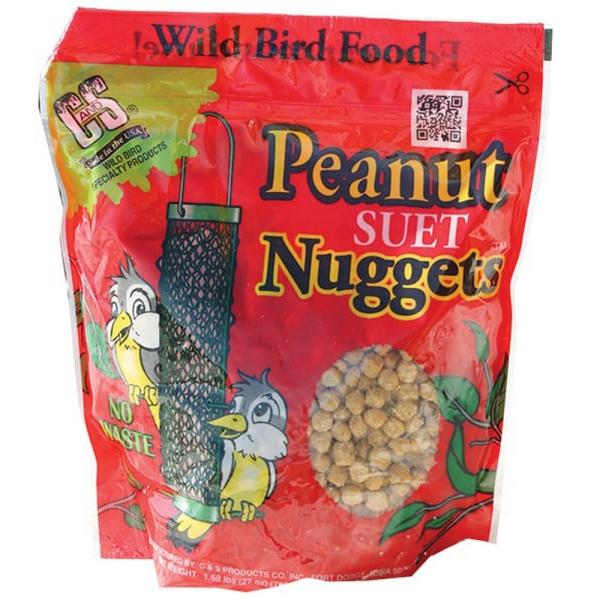 Red packaging of "Peanut Suet Nuggets" with cartoon birds and a feeder illustration. Keywords: bird food, suet nuggets, vibrant, playful.