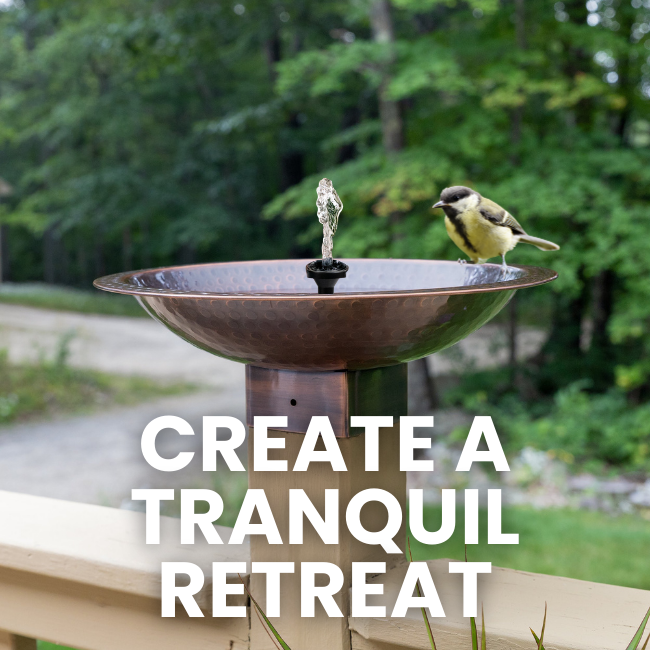 The Perch & Ponder Copper Birdbath displayed on a post in a garden, showing its bird-friendly design and easy installation on a standard 4x4 wood post