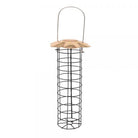 Bird feeder with wooden top and metal body on a white background