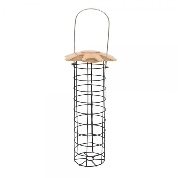 Bird feeder with wooden top and metal body on a white background