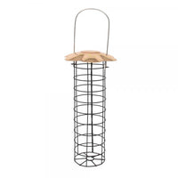 Bird feeder with wooden top and metal body on a white background