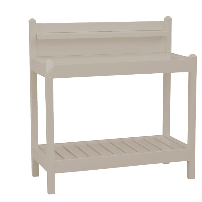 Simple and elegant potting bench in neutral colors, featuring a spacious work surface and slatted bottom shelf.