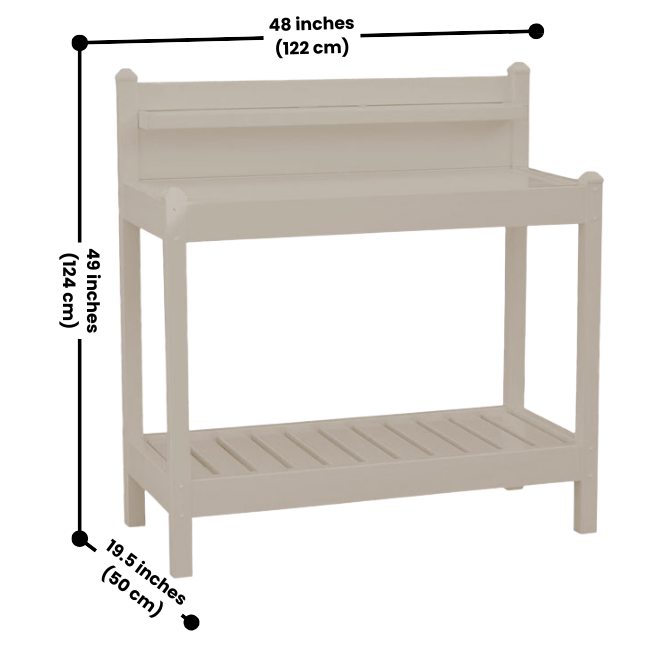 Vinyl potting bench with dimensions shown: 48" W x 19.5" D x 49" H, designed for a functional gardening workspace.