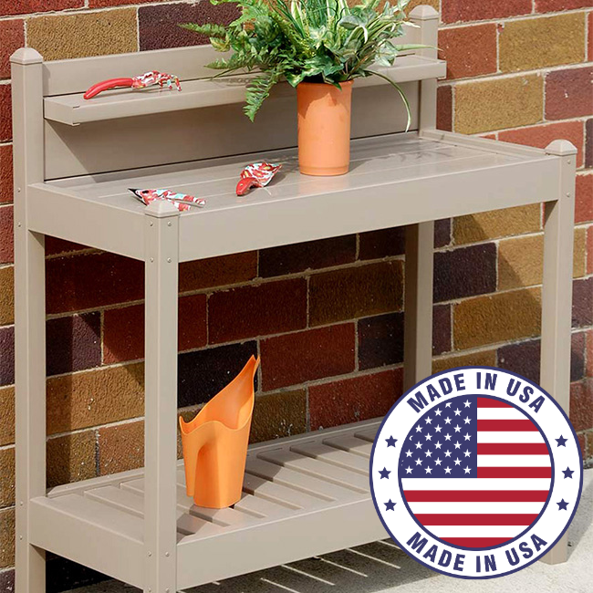 Durable vinyl potting bench with a "Made in USA" badge, ideal for gardening and storage, showcasing quality craftsmanship.
