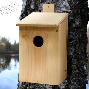 Prime Retreat cedar bird shelter mounted outdoors, ideal for screech owls, saw-whet owls, and kestrels, with natural wood design for nesting and weather resistance.
