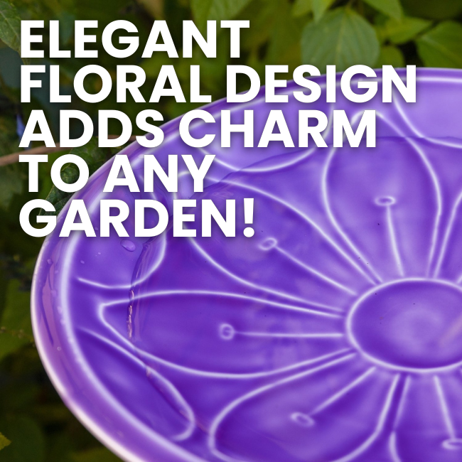 Durable 12-inch diameter purple birdbath featuring a flower motif, perfect for perching. Includes a powder-coated bronze wrought iron garden stake that stands 39 inches tall, adding color and charm to your garden.