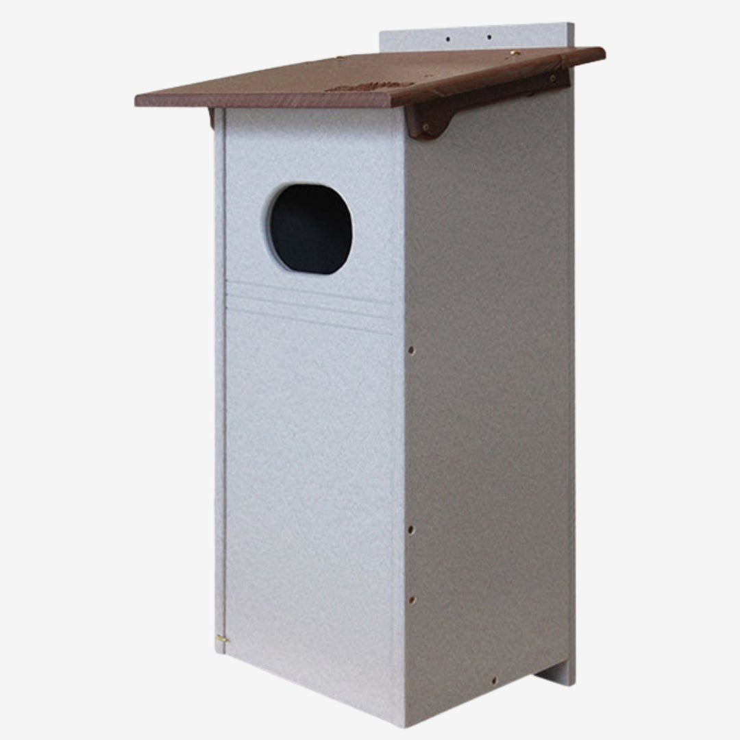 Amish Made Recycled Plastic Wood Duck House in brown and gray, designed to provide a durable and eco-friendly nesting spot for wood ducks
