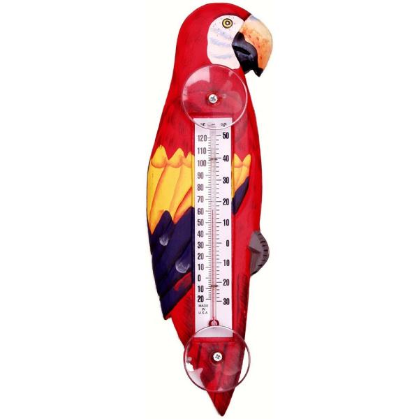 Parrot-shaped thermometer on a white background