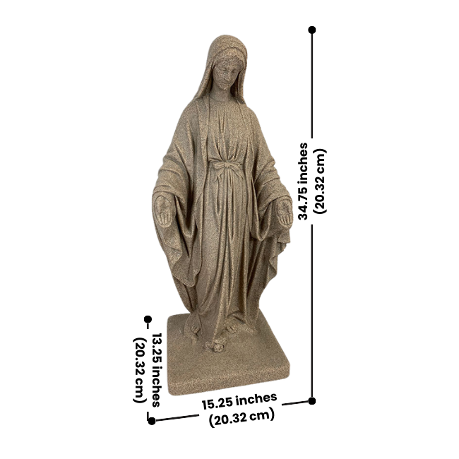 Full view of the Mother Mary Garden Statue resting in a garden setting, with colorful flowers surrounding it. The statue is constructed from durable resin for outdoor longevity.