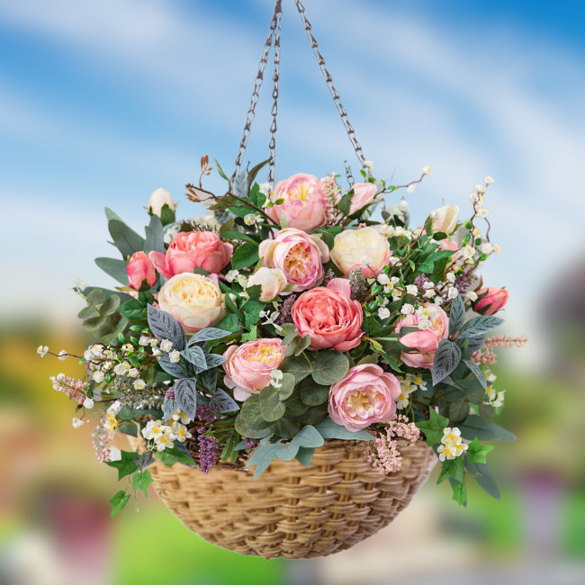esin wicker hanging flower basket showcasing pink and white flowers with a 14" diameter and 16.5" hanging chain for easy setup in gardens and balconies.
