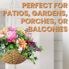 Resin Wicker Hanging Flower Basket adorned with vibrant flowers, perfect for enhancing patios, porches, and gardens. The 14" diameter basket with a 16.5" hanging chain.