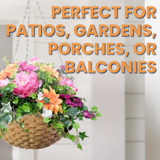 Resin Wicker Hanging Flower Basket adorned with vibrant flowers, perfect for enhancing patios, porches, and gardens. The 14" diameter basket with a 16.5" hanging chain.