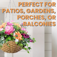 Resin Wicker Hanging Flower Basket adorned with vibrant flowers, perfect for enhancing patios, porches, and gardens. The 14" diameter basket with a 16.5" hanging chain.