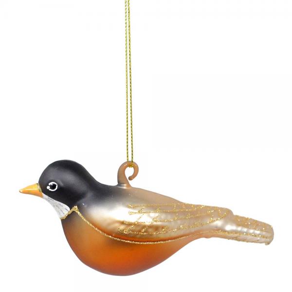 Glass robin bird ornament hanging on a white background