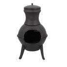 Black cast iron chiminea with a bulbous body, tall neck, and three sturdy legs. The open-front design is minimalist and conveys a rustic charm.