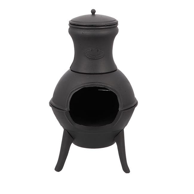Black cast iron chiminea with a bulbous body, tall neck, and three sturdy legs. The open-front design is minimalist and conveys a rustic charm.