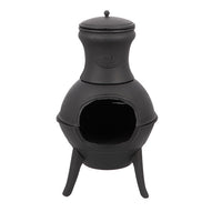 Black cast iron chiminea with a bulbous body, tall neck, and three sturdy legs. The open-front design is minimalist and conveys a rustic charm.