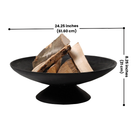A detailed image of the Rustic Glow Firepit Bowl showing its measurements (24.25" dia. and 8.25" height), with logs placed inside, ready for use.