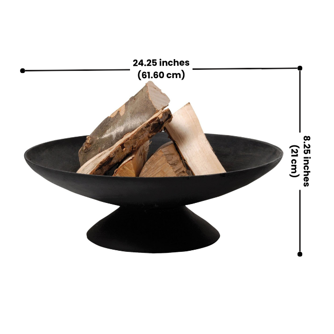 A detailed image of the Rustic Glow Firepit Bowl showing its measurements (24.25" dia. and 8.25" height), with logs placed inside, ready for use.