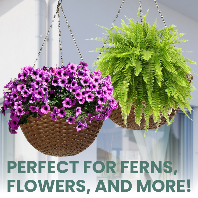 Rustic woven hanging flower planters with vibrant petunias and ferns Perfect Hanging Planters for Ferns, Flowers & More – Enhance Your Garden Décor