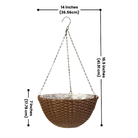 Dimensions of a rustic hanging flower planter with a chain and plastic liner.