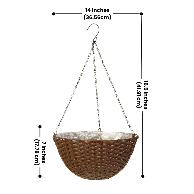 Dimensions of a rustic hanging flower planter with a chain and plastic liner.