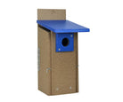 Birdhouse with a blue roof on a white background