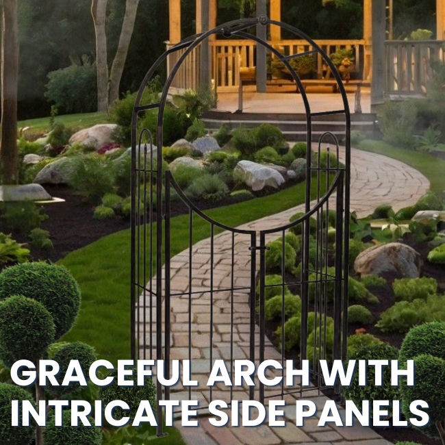 Secret Garden Arch & Gate with intricate side panel design and brushed bronze finish.