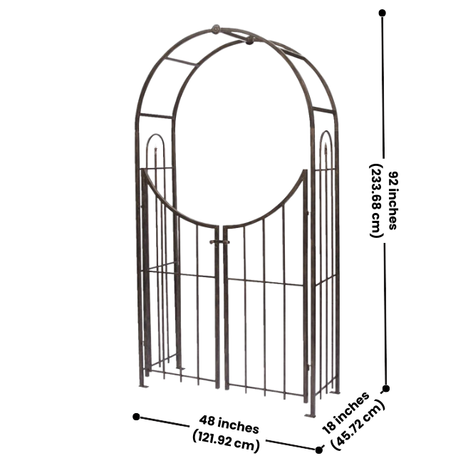Secret Garden Arch & Gate standing in an outdoor space with plants and trees surrounding it. 
