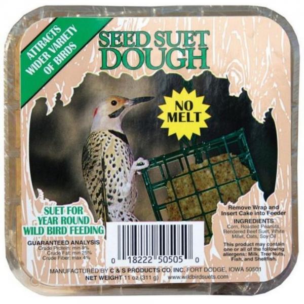Seed suet dough packaging with a bird on the label