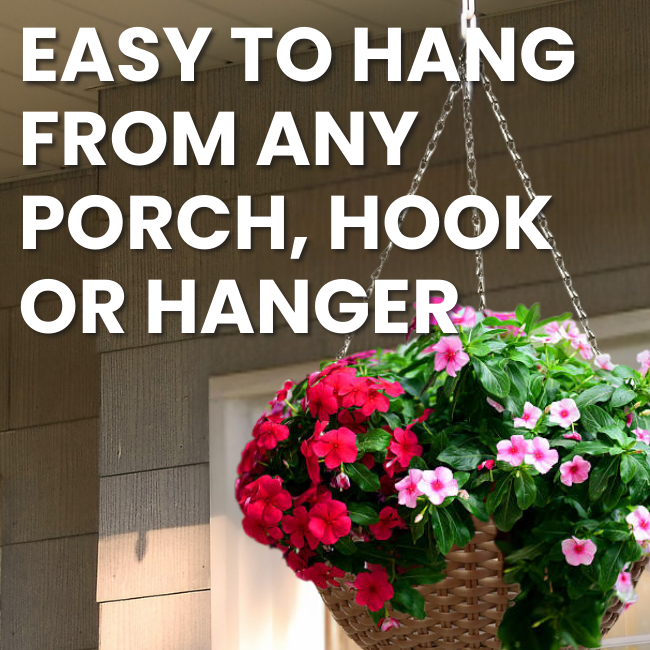 Hanging flower basket with bright flowers easily hung from a porch hook